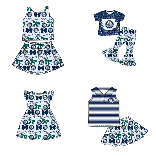 ( Moq 5 each style ) Baby Boy Girl Toddler Team Green Blue Bows ‌Sibling Dress Set 6.17