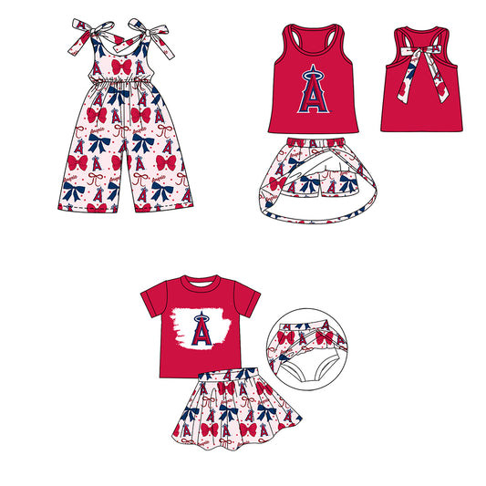 ( Moq 5 each style ) Baby Girl Toddler A Team Red Blue Bows Sibling Jumpsuit Set 6.16