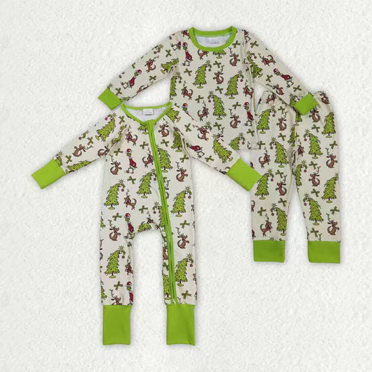 Baby Boy Long Sleeves Green Face Dogs Tree Christmas Sibling Pajamas Footie Romper Set RTS