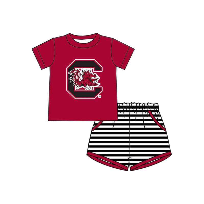 ( Moq 5 ) Baby Boys Short Sleeves Dark Red Shirt Stripes Pockets Shorts Team Clothes Set