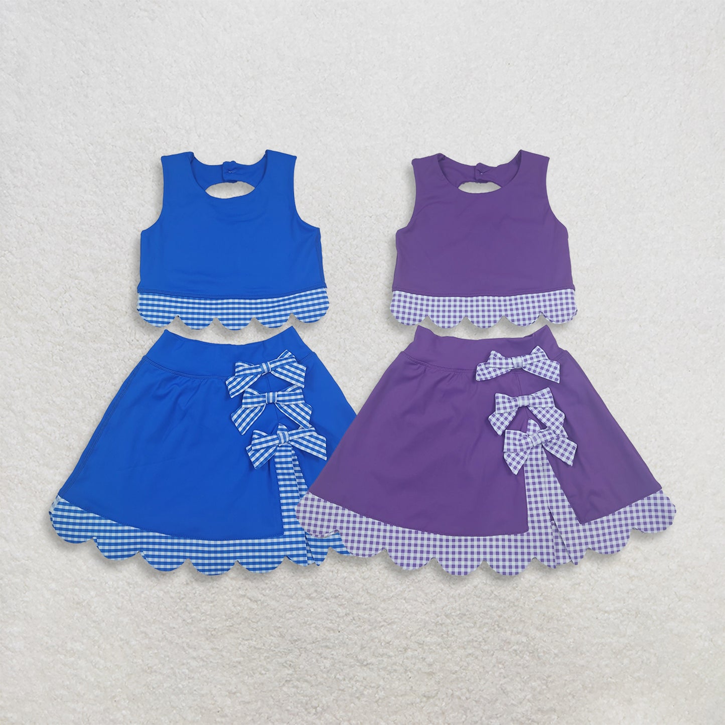Sibling Baby Girls Kids Scallop Shirts Plaid Bows Skirts Shorts Sets Yoga Active Clothes RTS