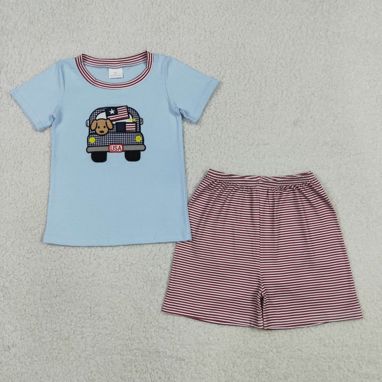 Baby Boy Kids Embroidery Dog Flag Truck Shirt Stripes Shorts 4th of July Set RTS