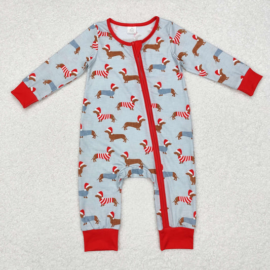 Baby Boy Infant Long Sleeves Christmas Dogs Zipper Bamboo Blue Romper