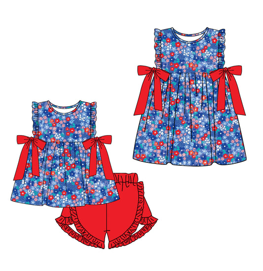 ( Moq 5 Each Style ) Baby Girls Kids Sleeveless Floral Sibling 4th of July Dress Set