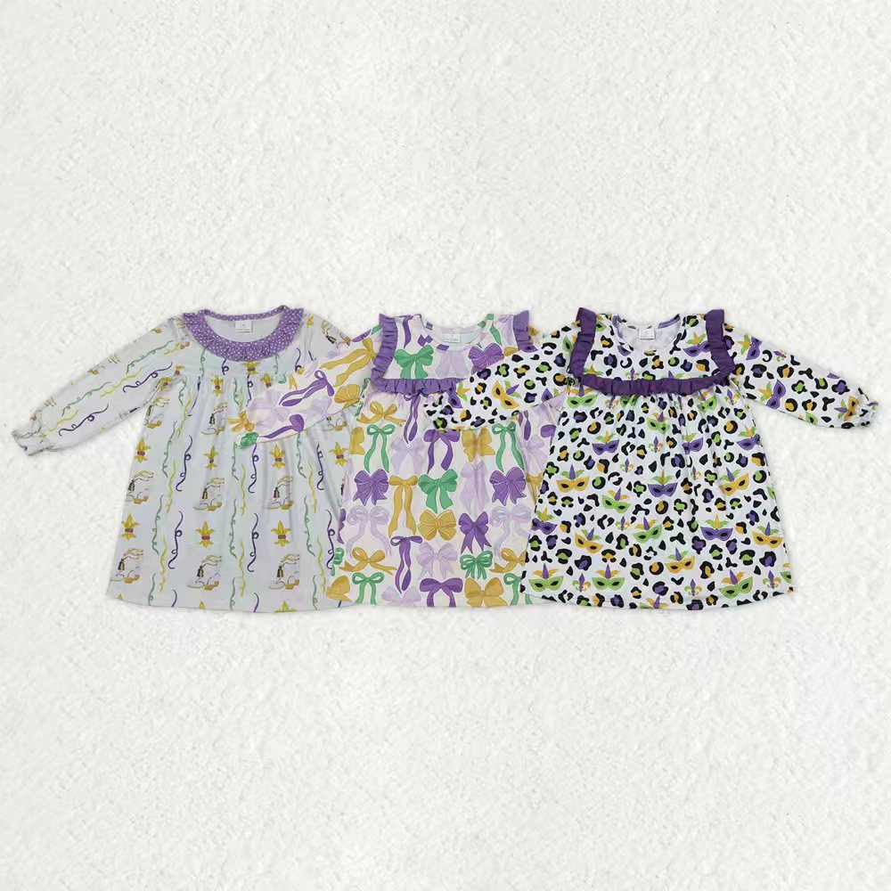 Sibling Baby Girls Kids Long Sleeves Mardi Gras Ruffle Knee Length Dresses RTS