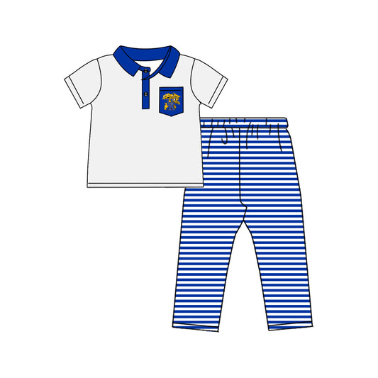 Baby Boy Short Sleeves Tiger Pocket Shirt Blue Stripes Pants Clothes Team Set Moq 5