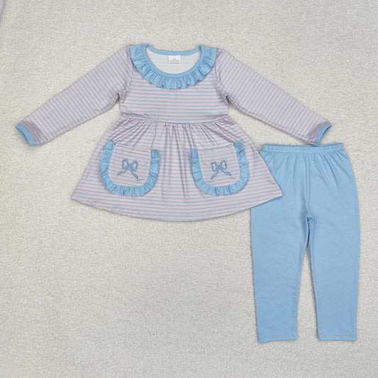 Baby Girl Long Sleeves Stripes Embroidery Bows Pocket Tunic Blue Cotton Pants Clothes Set