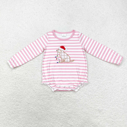 Baby Girl Long Sleeves Embroidery Christmas Dog Pink Stripes Romper