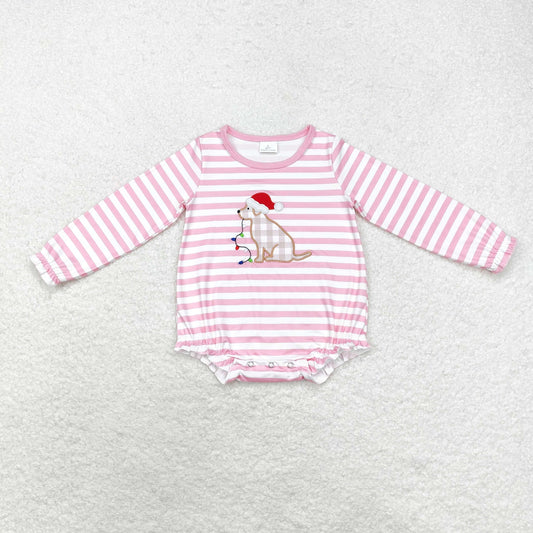 Baby Girl Long Sleeves Embroidery Christmas Dog Pink Stripes Romper