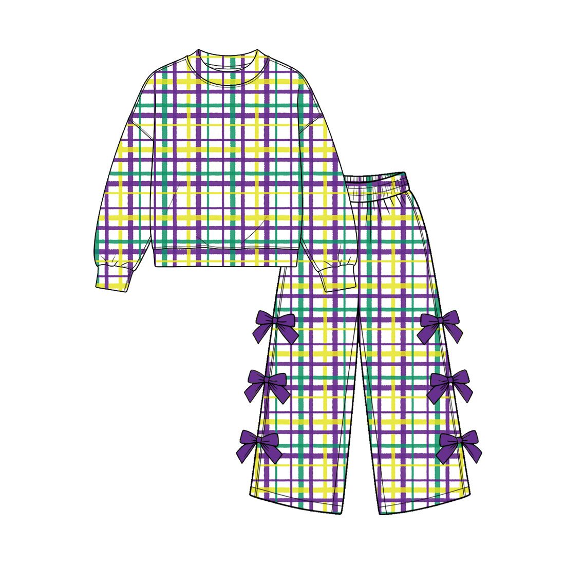 ( Moq 5 ) Preorder Baby Girls Kids Long Sleeves Plaid Shirt Bows Pants Set Mardi Gras Clothes