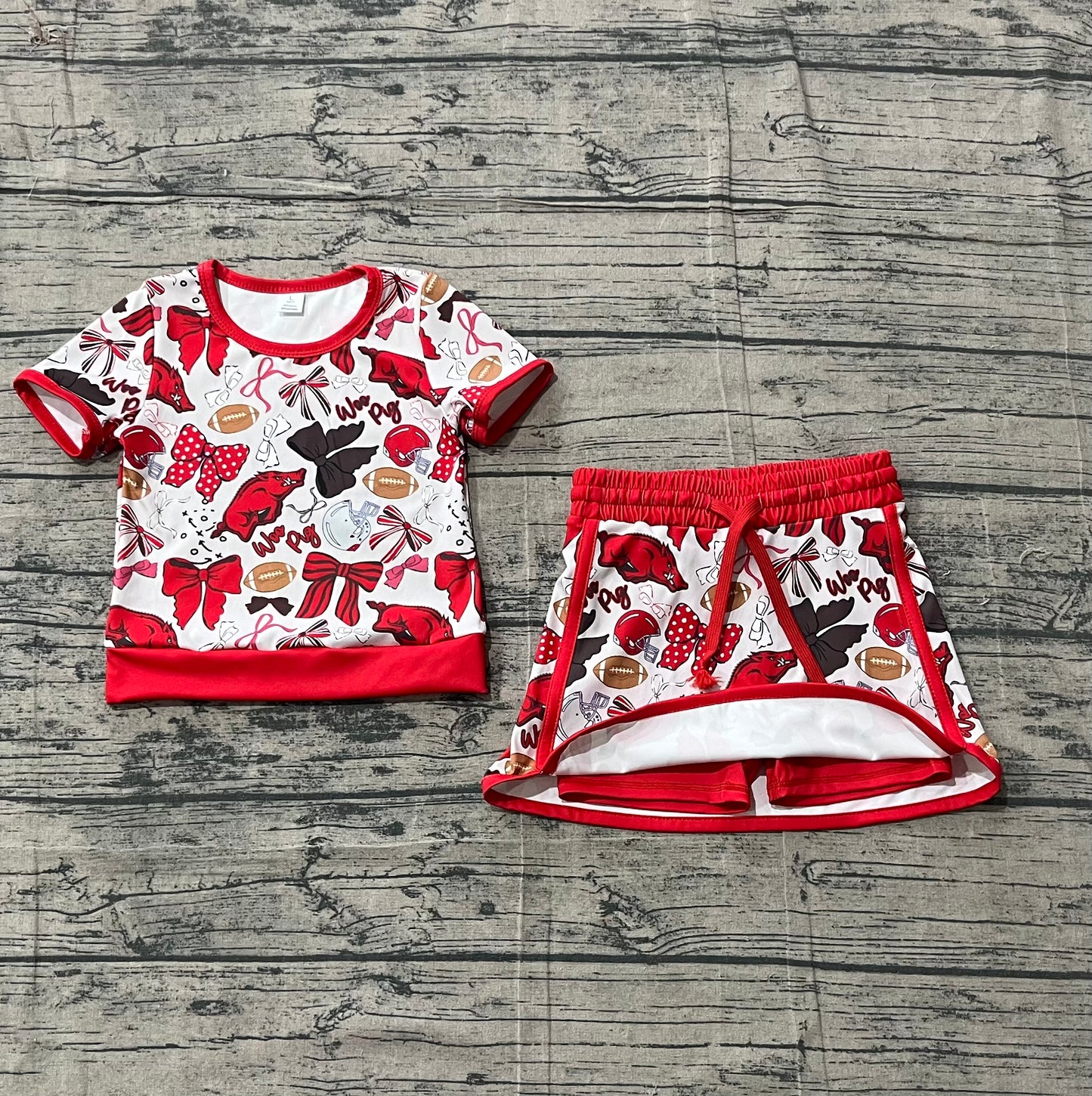 Baby Girls Toddler Short Sleeves Pigs Bows Football Team Shirt Shorts Yoga Red Set RTS