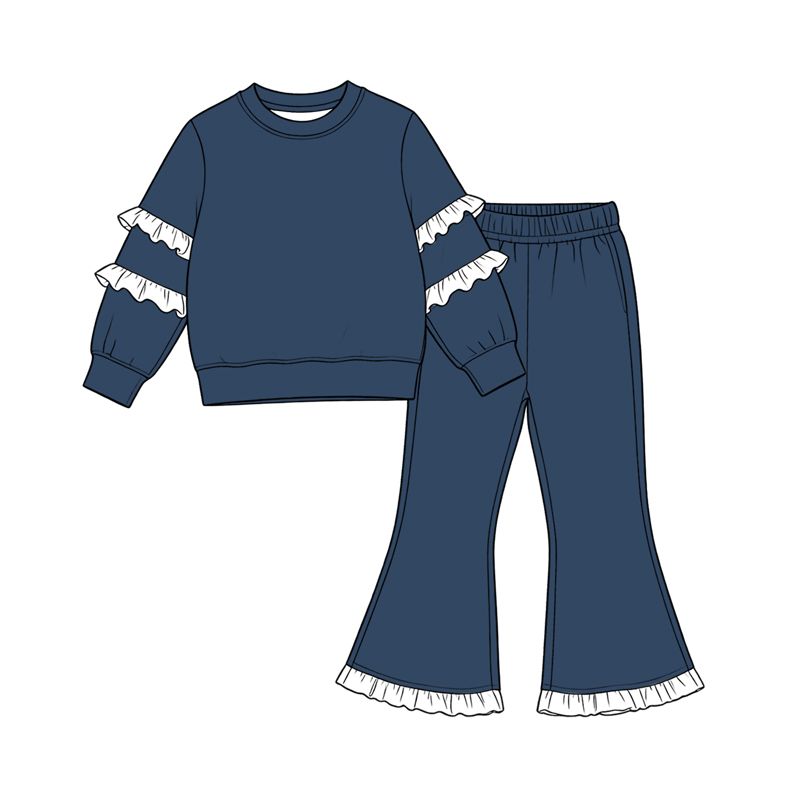 ( Moq 5 ) Preorder Baby Girls Kids Long Sleeves Navy Tops Bell Pants Set Cotton Clothes