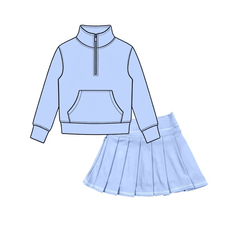 ( Moq 5 ) Preorder Baby Girls Kids Pocket Zipper Shirt Skirt Shorts Yoga Active Set Blue Clothes