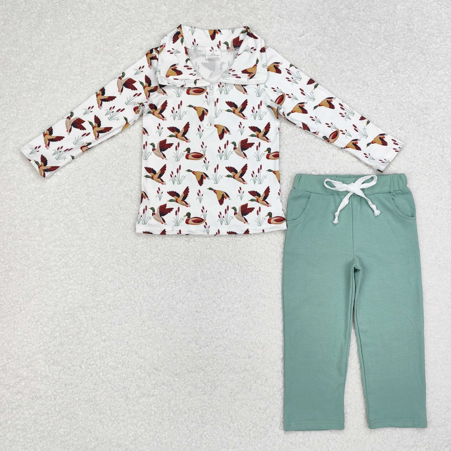 Baby Boy Long Sleeves Ducks Zipper Shirt Green Cotton Pants Clothes Hunting Set