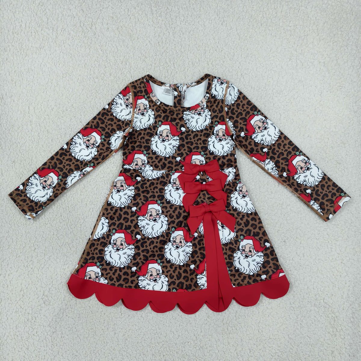 Baby Girls Kids Long Sleeves Christmas Santa Leopard Bows Scallop Dress Yoga Active Clothes RTS
