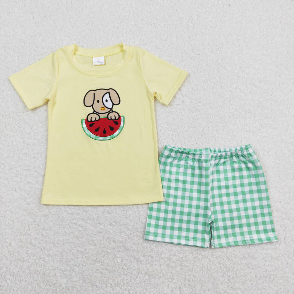 Baby Boy Girl Embroidery Dog Watermelon Sibling Yellow Romper Set