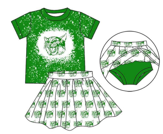 Baby Girl Green Short Sleeves Cat Shirt Team Skirt With Shorts Clothes Set