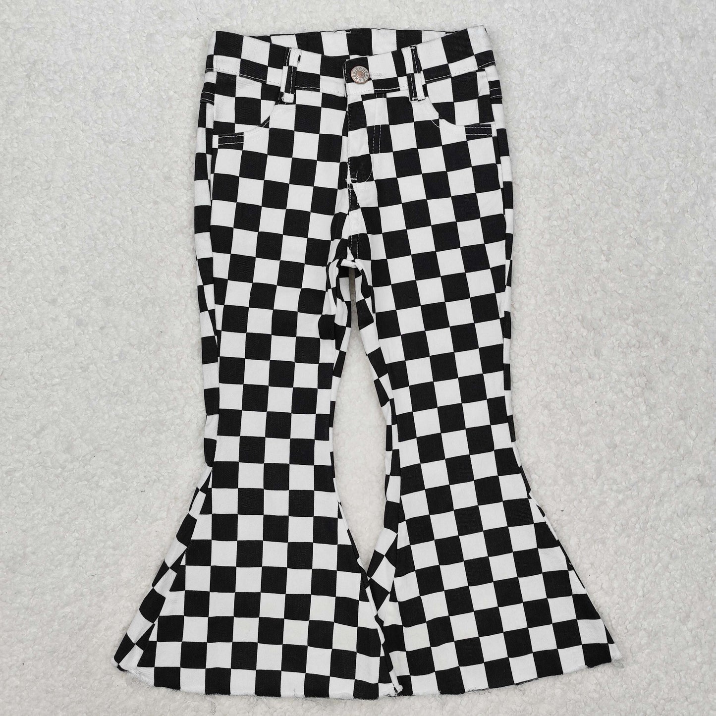 RTS Baby Girl White Black Checkered Denim Bell Pants Jeans