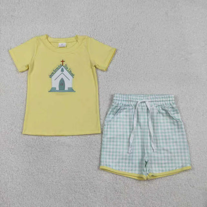 Sibling Baby Boys Girls Embroidery Cross Jesus Green Plaid Easter Rompers Sets RTS