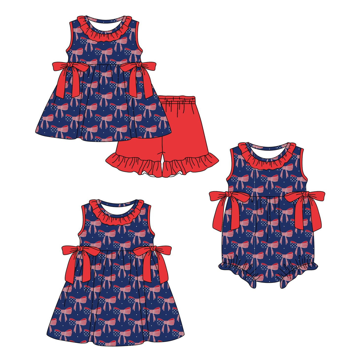 ( Moq 5 Each Style ) Sibling Baby Girls Kids Bows Romper Dress Set 4th of July Clothes