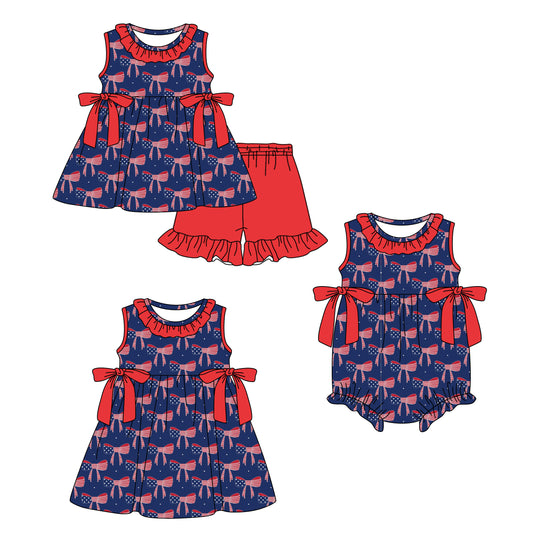 ( Moq 5 Each Style ) Sibling Baby Girls Kids Bows Romper Dress Set 4th of July Clothes