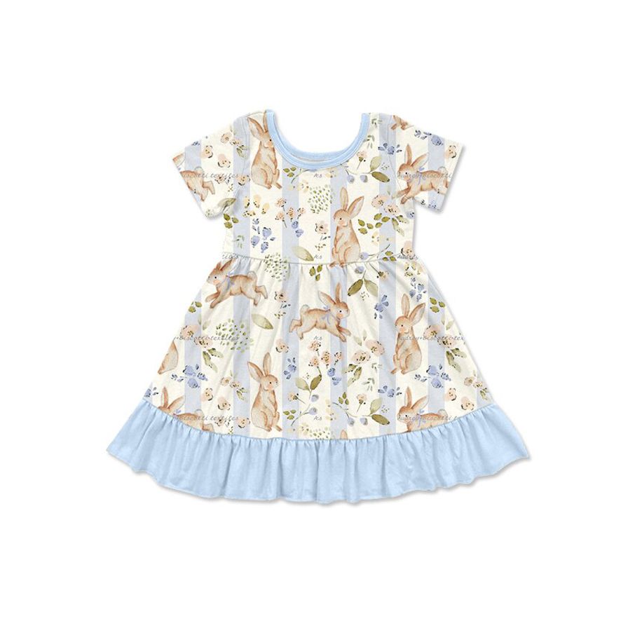( Moq 5 ) Preorder Baby Girls Kids Rabbits Flower Stripes Easter Knee Length Dress Clothes