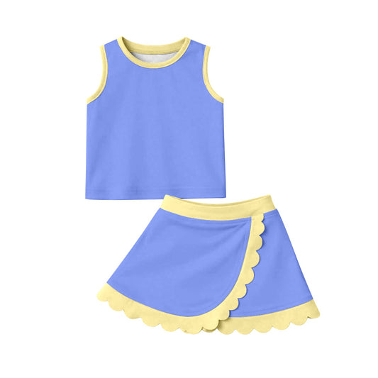 ( Moq 5 ) Preorder Baby Girls Kids Shirt Scallop Skirt Shorts Yoga Active Blue Yellow Set Clothes