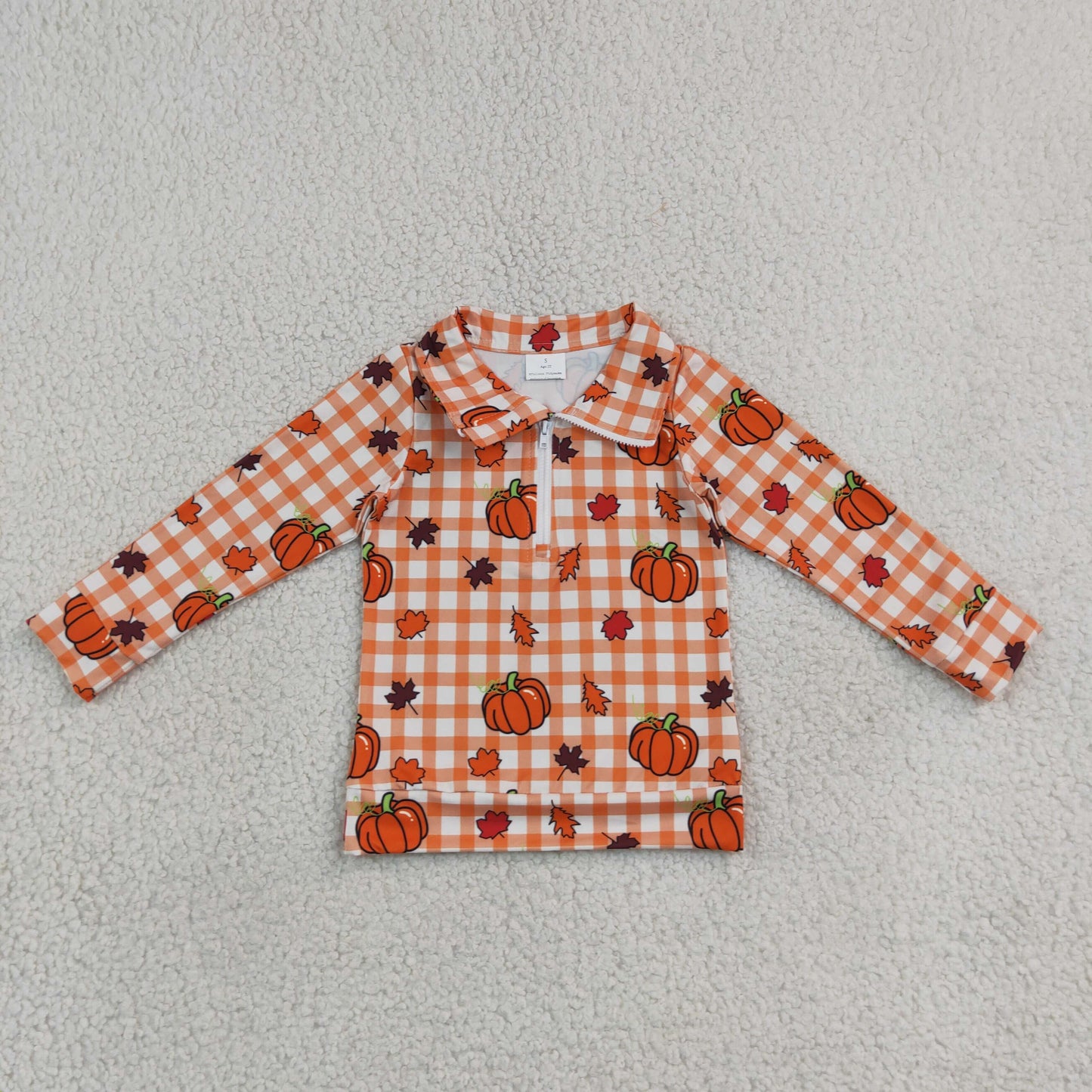 Toddler Kids Long Sleeves Pumpkins Orange Plaid Zipper Pullover Fall Shirt Tops Clothes RTS