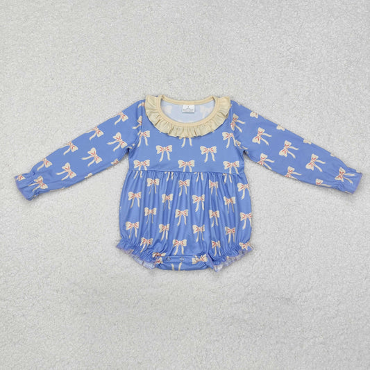 Baby Girl Infant Long Sleeves Bows Ruffle Blue Bubble Romper