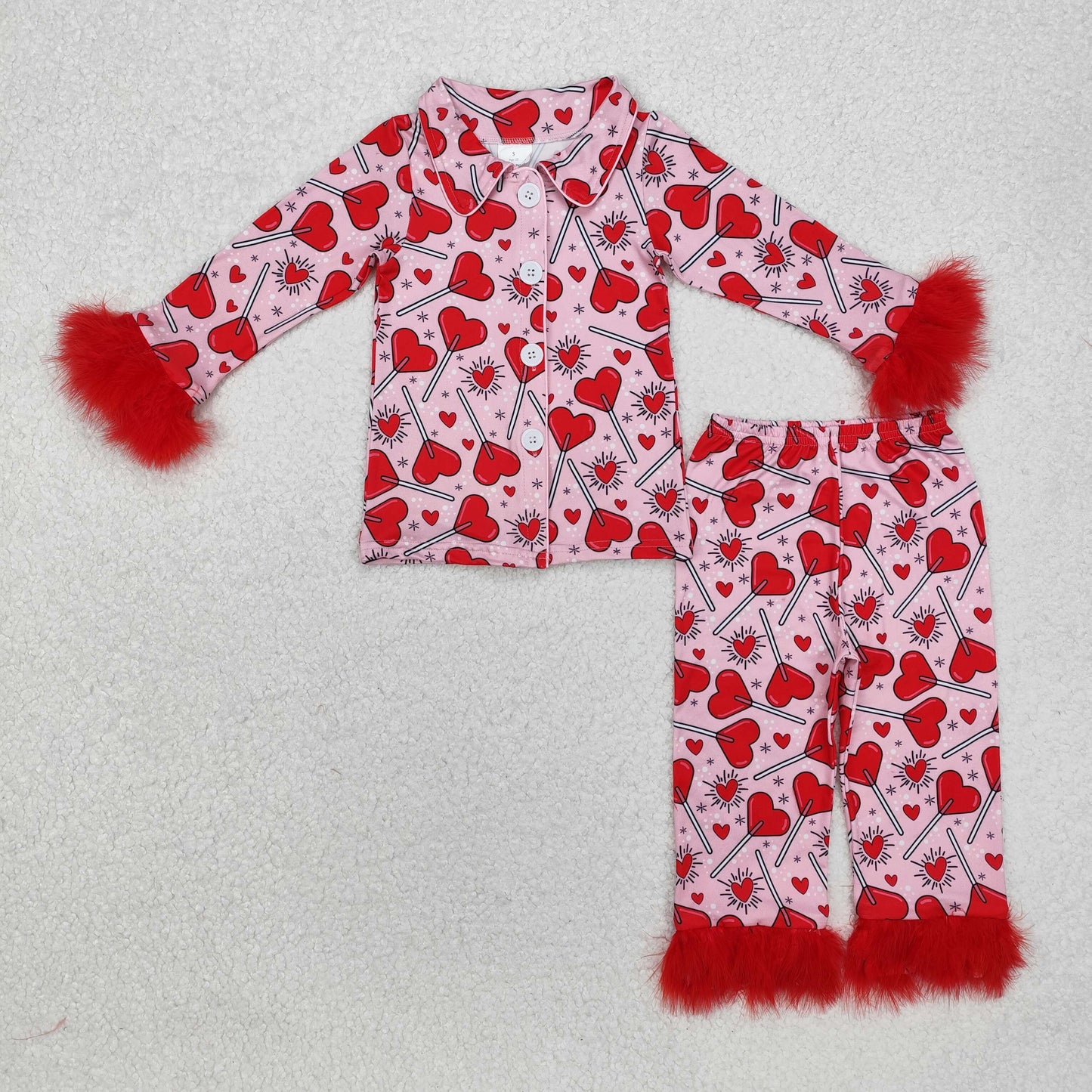 Baby Girl Fur Long Sleeves Valentines Candy Button Ups Shirt Pants Pajamas Clothes Set