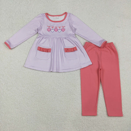 Girls Kids Embroidery Hearts Bows Stripes Pockets Tunic Pink Pants Valentine's Day Clothes Set