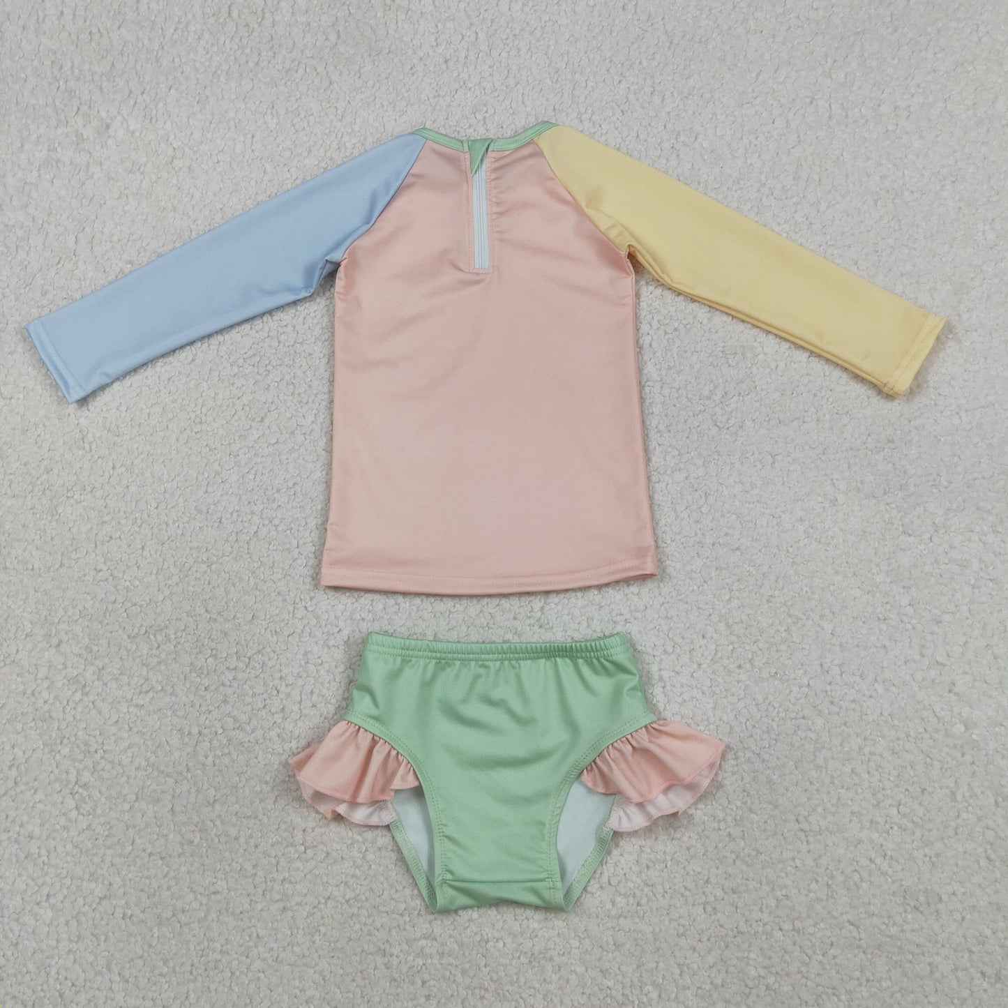 Baby Girls Kids Long Sleeves Zipper Tops Ruffle Shorts Set Swimsuit RTS