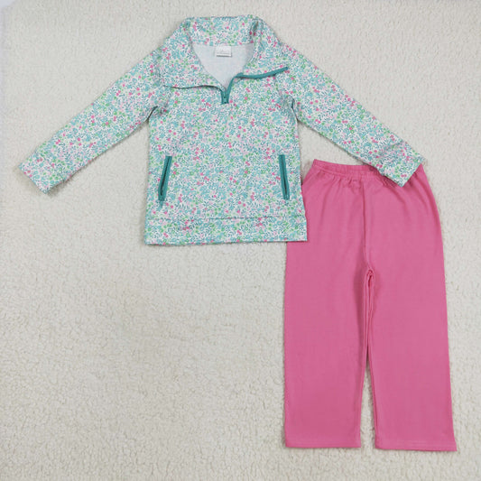 Baby Girl Long Sleeves Flower Zipper Pockets Shirt Pink Pants Clothes Set RTS