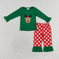 Baby Girl Christmas Embroidery Deer Green Tops Dots Red Pants Pajamas Set