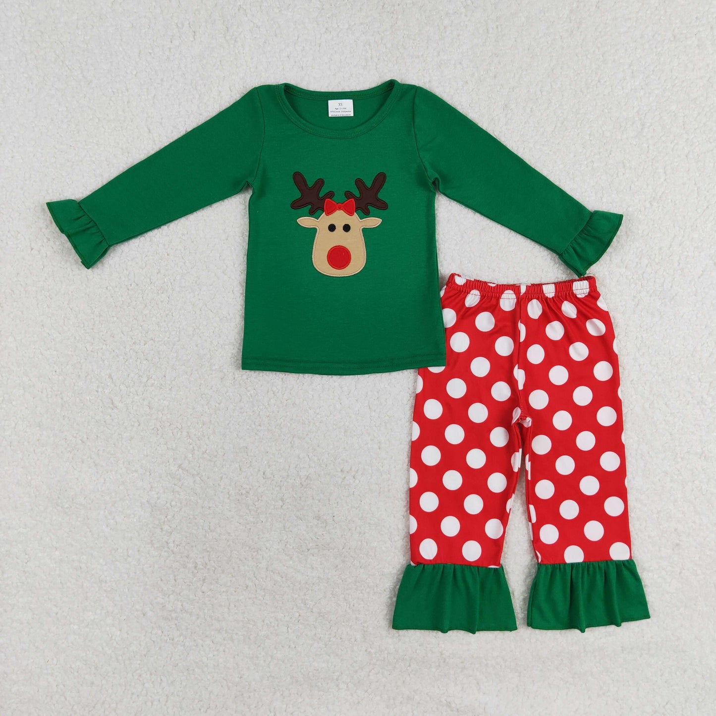 Baby Girl Christmas Embroidery Deer Green Tops Dots Red Pants Pajamas Set