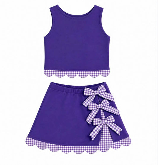 ( Moq 5 ) Preorder Baby Girls Kids Scallop Shirt Purple Plaid Bows Skirt Shorts Set Yoga Active Clothes
