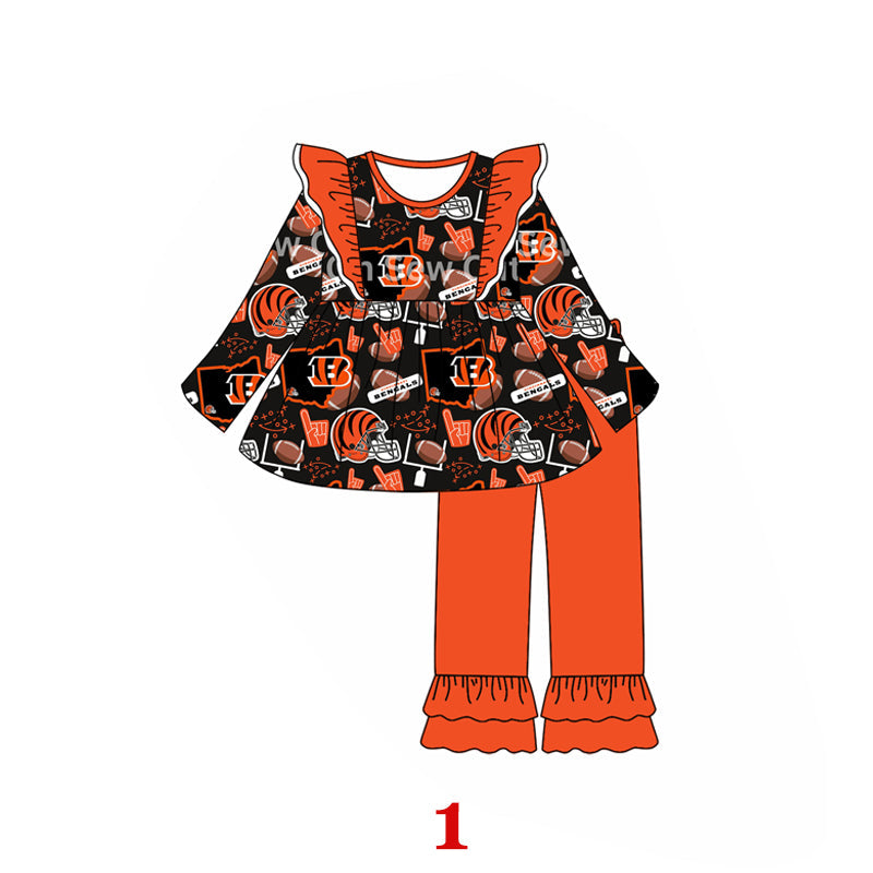 Baby Girl Kids Long Sleeves Team Ruffle Tops Orange Pants Clothes Set