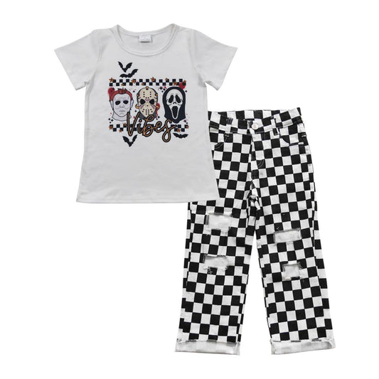 Halloween Baby Boy Short Sleeves Shirt Checkered Denim Pants Jeans Outfit