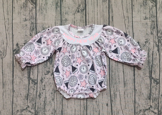 ( No moq ) Preorder Baby Girl Long Sleeves Embroidery Happy New Year Stars Babble Romper