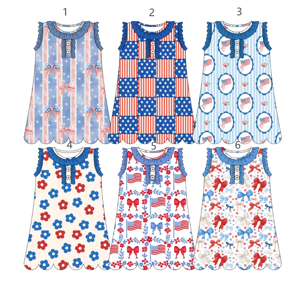 ( Moq 5 Each Style ) Sibling Baby Girls Kids Bows Flags Flower 4th of July Knee Length Dresses