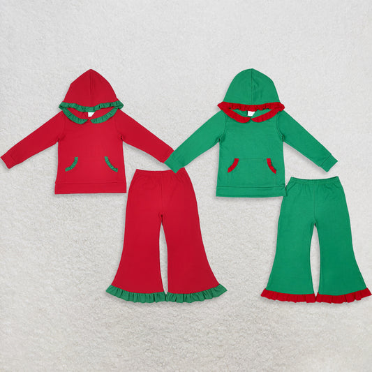 Sibling Baby Girls Kids Ruffle Hoodie Pockets Pullovers Cotton Pants Sets Christmas Clothes