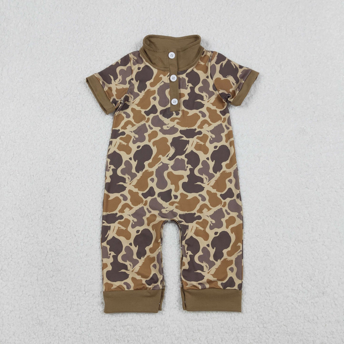 Baby Boys Infant Short Sleeves Camo Hunting Buttons Brown Romper RTS