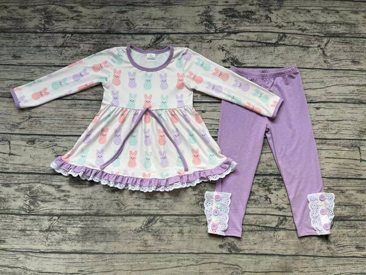 No moq Pre-order GLP1078 Long Sleeves Rabbit Tunic Purple Cotton Pants Easter Set