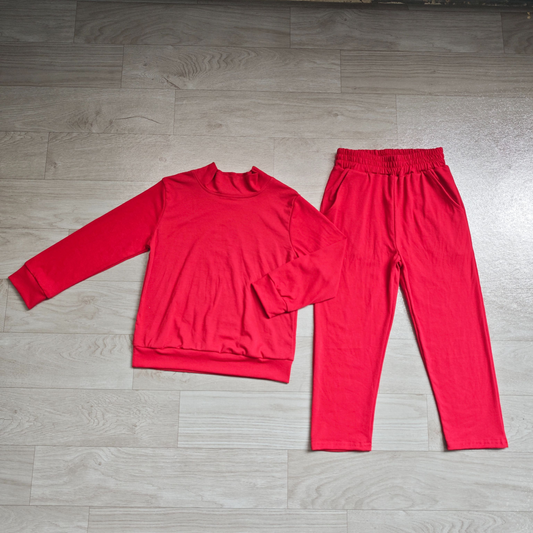 ( No moq ) Preorder Baby Girl Kids Long Sleeves Red Shirt Pockets Pants Cotton Set Clothes