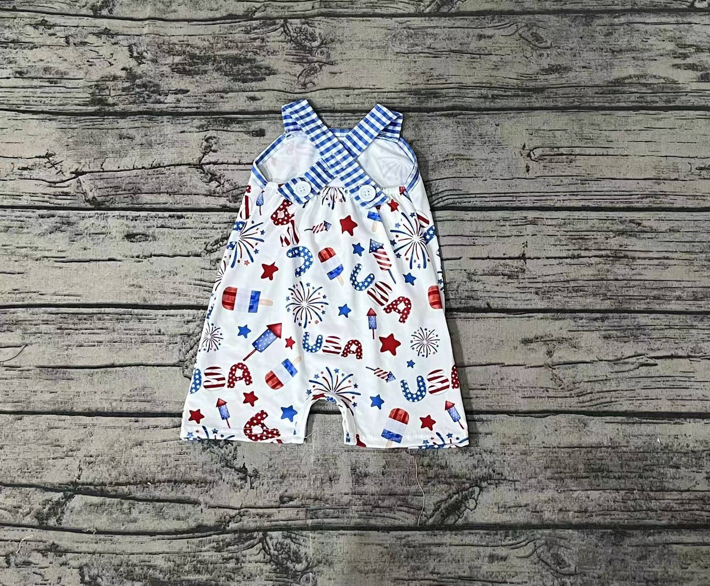 Baby Infant Boy Blue Plaid Pocket 4th Of July USA Romper