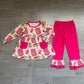 Baby Girl Kids Christmas Face Bows Pockets Tunic Pink Pants Set Clothes RTS