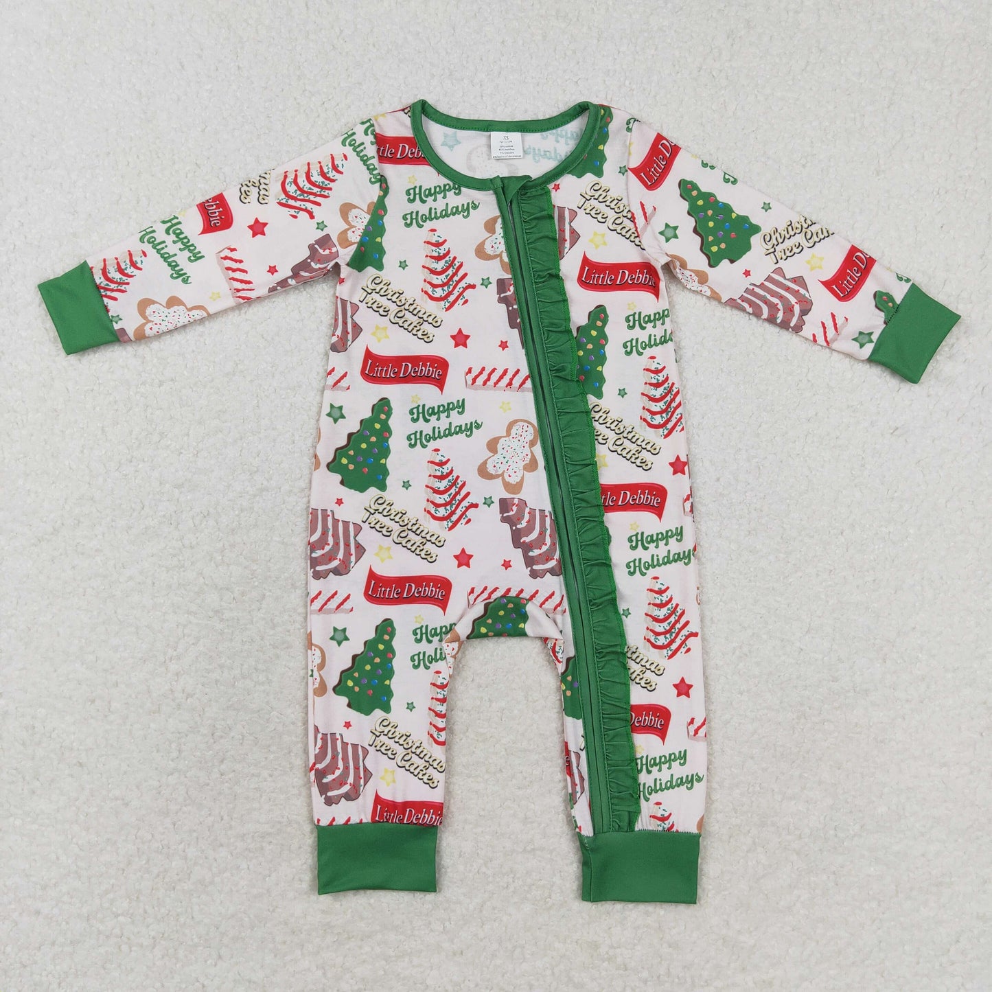 Baby Girl Long Sleeves Christmas Cake Tree Zipper Bamboo Romper