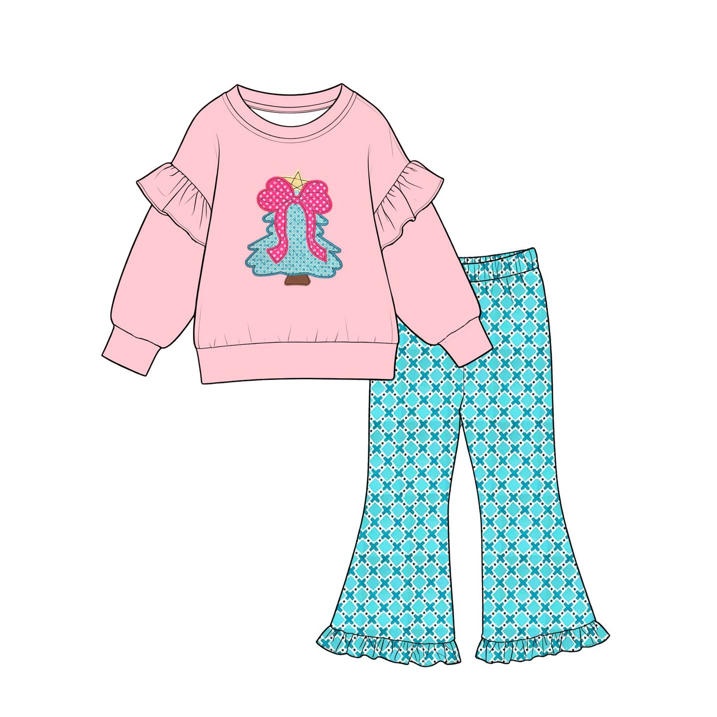 ( Moq 5 ) Preorder Baby Girls Kids Long Sleeves Christmas Tree Bows Tunic Plaid Pants Set Clothes