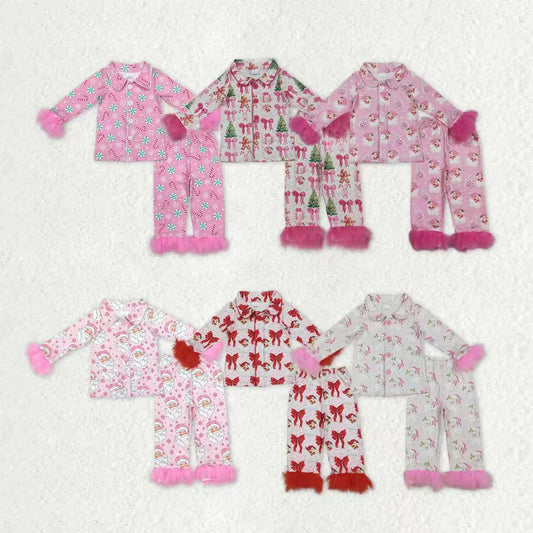 Girls Kids Fur Long Sleeves Bows Santa Buttons Shirt Pants Christmas Set Sibling Pajamas Clothes RTS