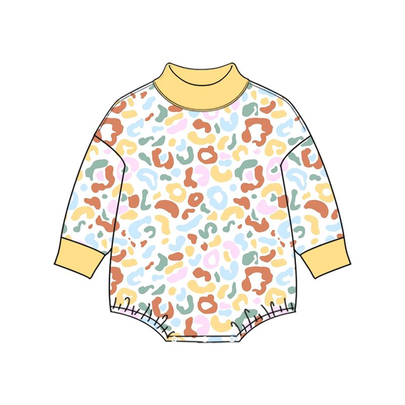 ( Moq 5 )  Preorder Baby Girls Infant Long Sleeves Leopard Bubble Romper Yellow Mock Neck‌ Clothes